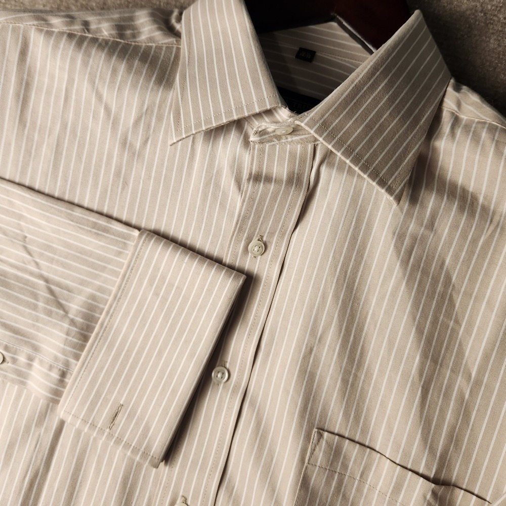 Donald J Trump Dress Shirt Men 16.5 34/35 Tan White Striped French Cuff Business